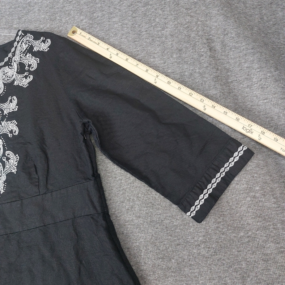 COVINGTON WOMEN BLACK WHITE EMBROIDERED BEADED LINEN BLEND 3/4 SLEEVE BOHO TOP M - Picture 2 of 7